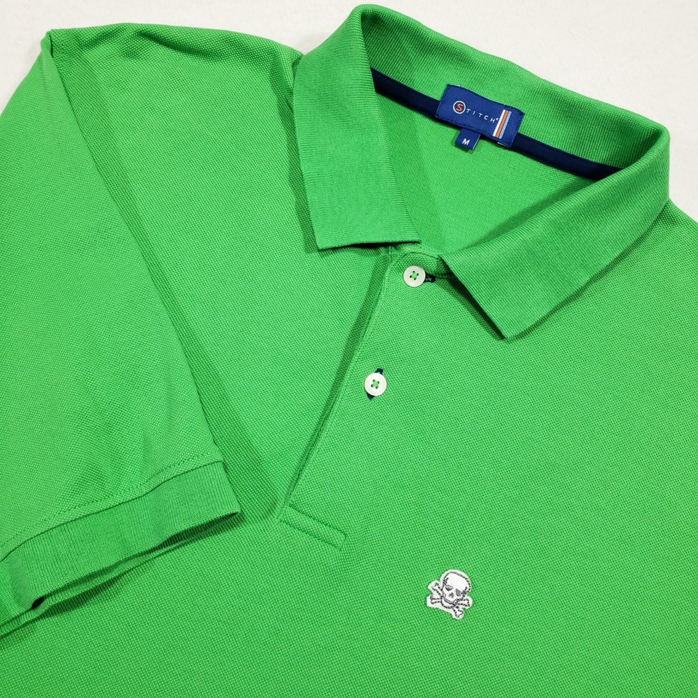 Stitch Golf Polo Mens Medium‎ Green Skull Crossbones Giza Cotton Spandex Pique